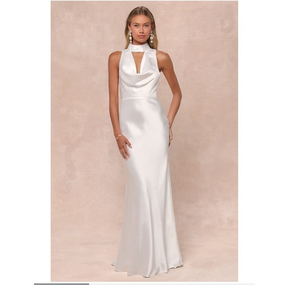 Lulus Dresses & Skirts - Lulus White Satin High Neck Cutout Cowl Open Back Maxi Gown Size Small
